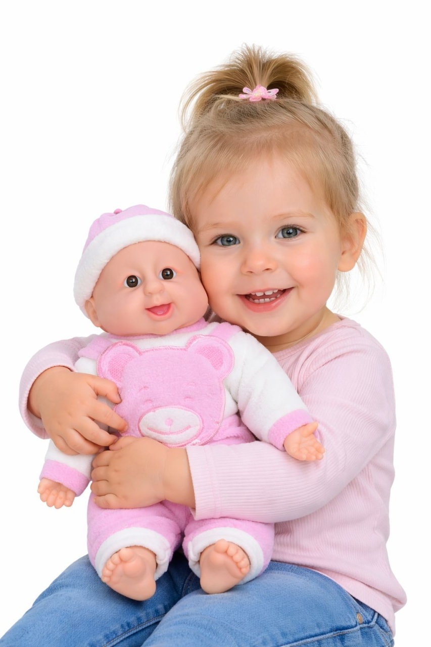 Bebelus adorabil interactiv 45 cm, rade, costum roz cu ursulet, +3 ani 2