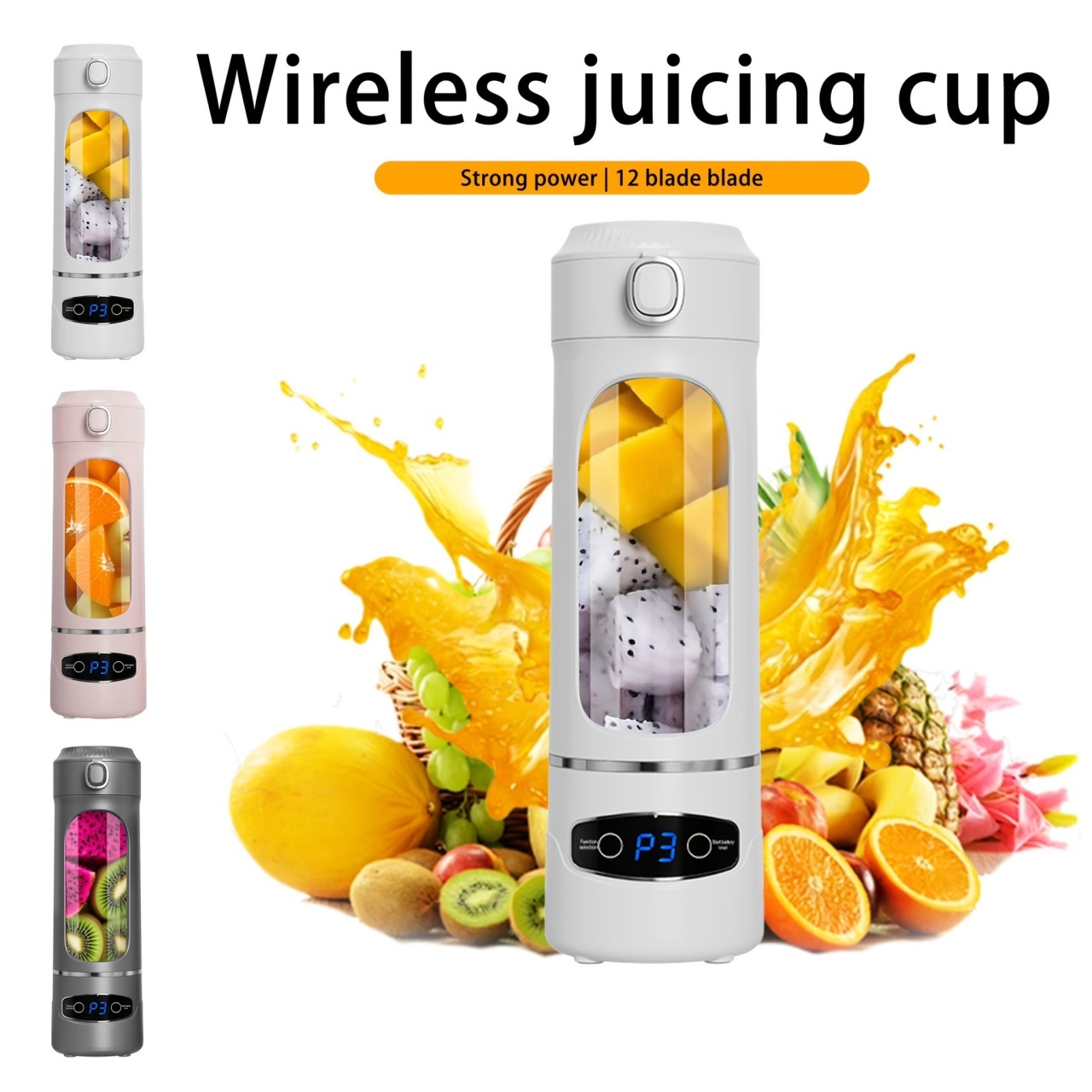 Blender portabil USB pentru smoothie, 12 lame inox, afisaj digital, gri 2