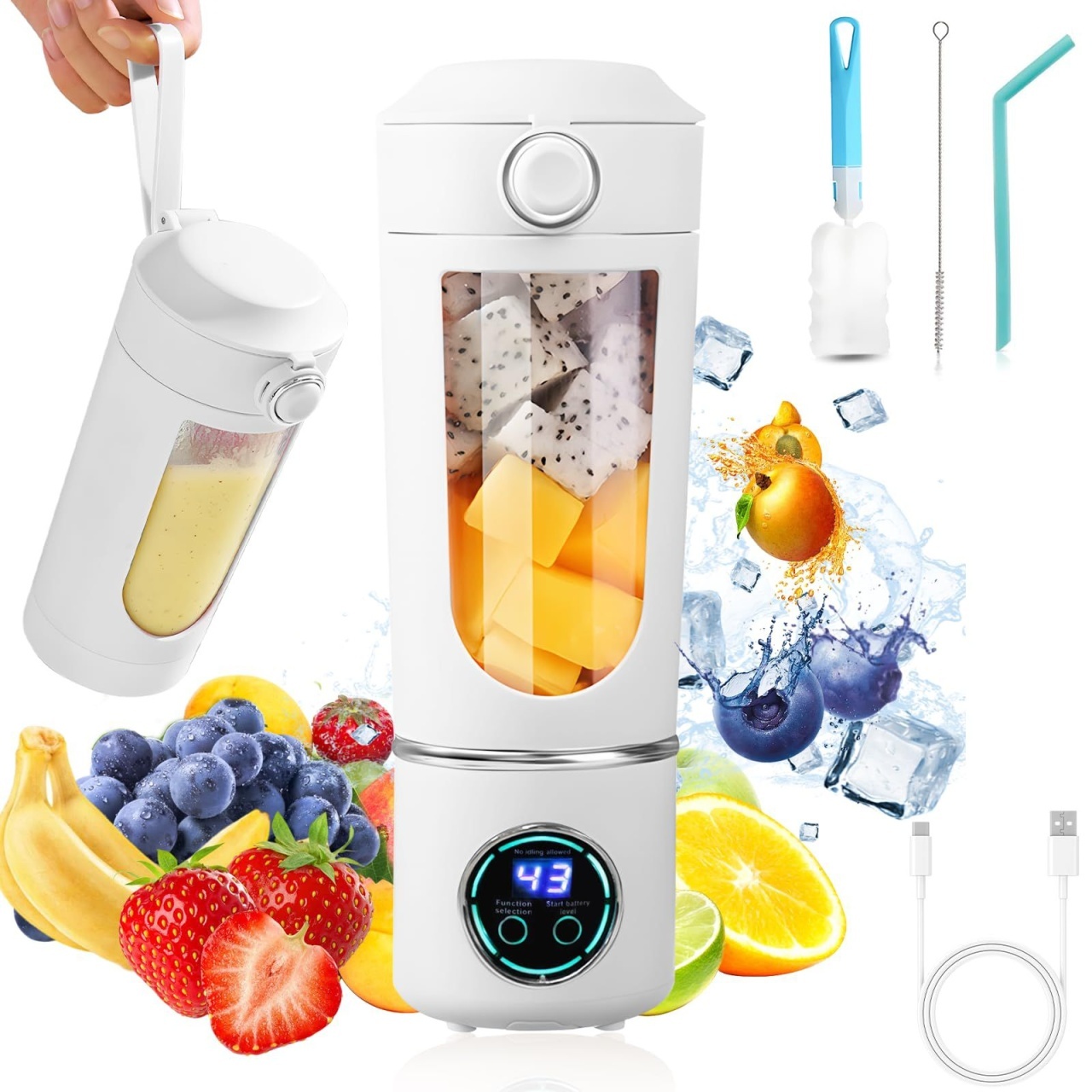Blender portabil wireless 700ml cu 12 lame, 4 viteze si incarcare USB Type-C, alb 3