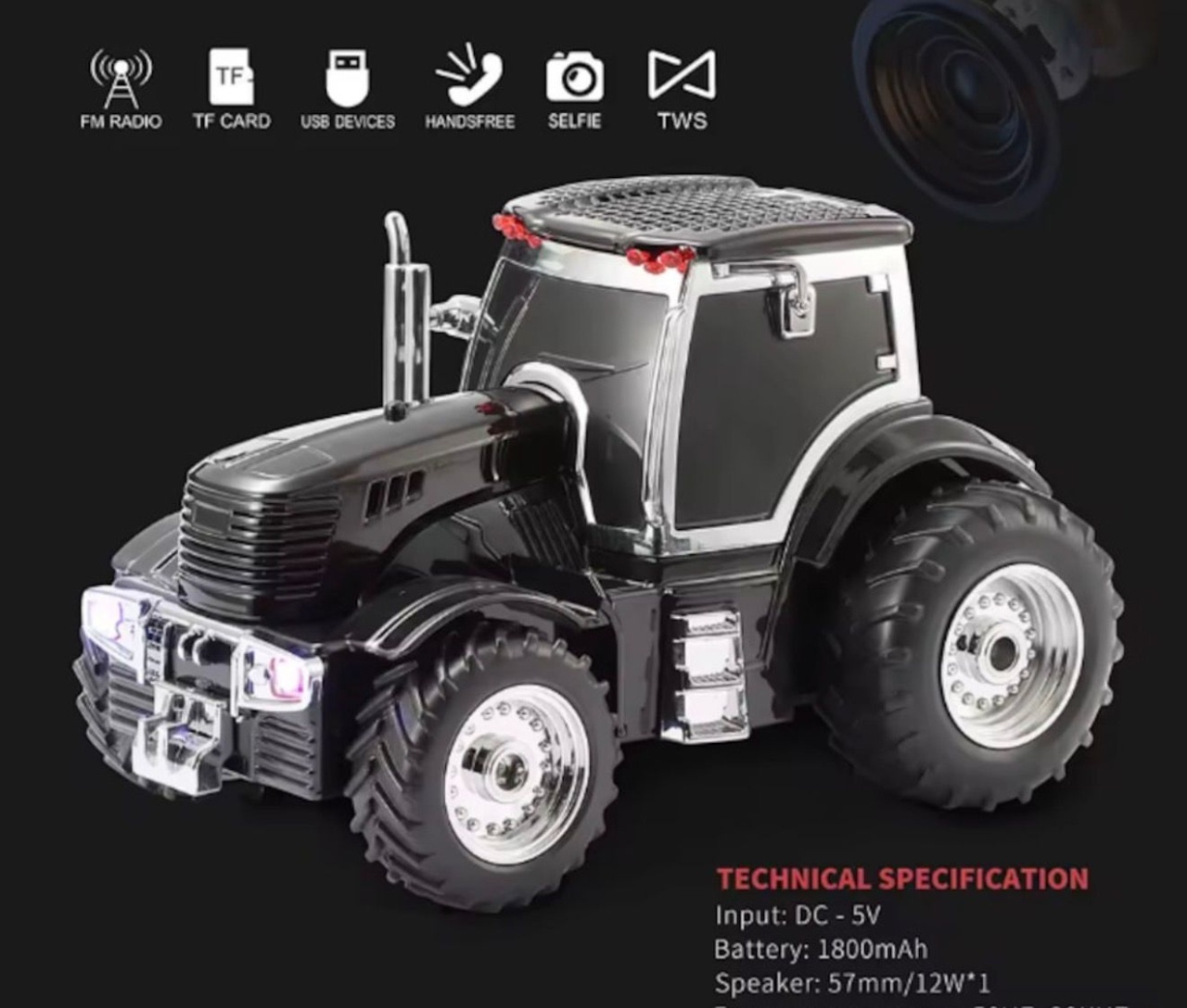 Boxa portabila Bluetooth tractor vintage, radio FM, USB, TF, AUX, TWS, lumini LED, negru intens 2