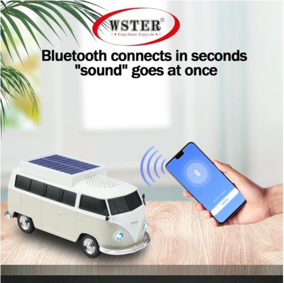 Boxă portabilă Bluetooth WSTER în formă de microbuz retro, cu încărcare solară, gri 2