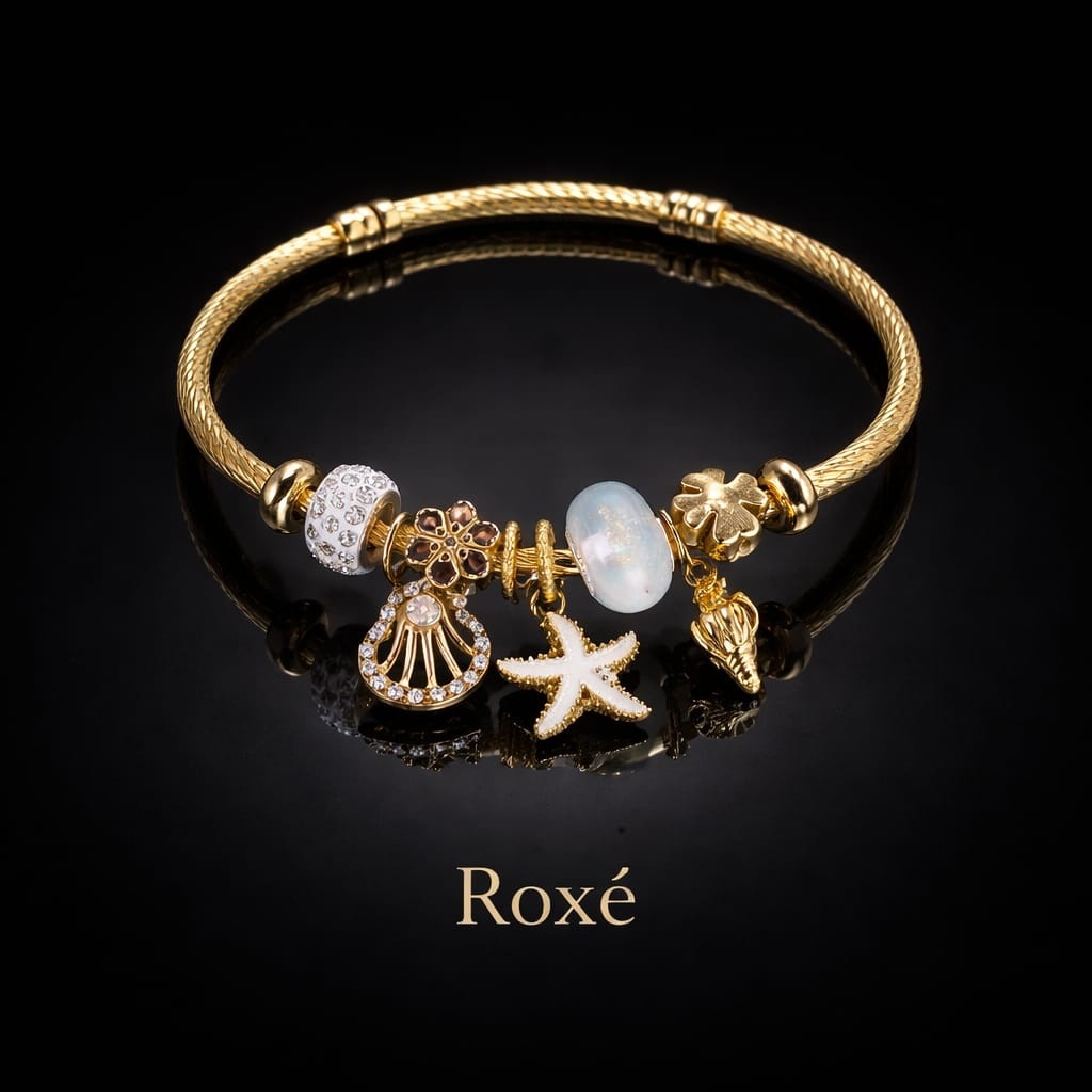 Bratara dama ROXE aurie cu charmuri marine stea de mare si scoica, eleganta 4