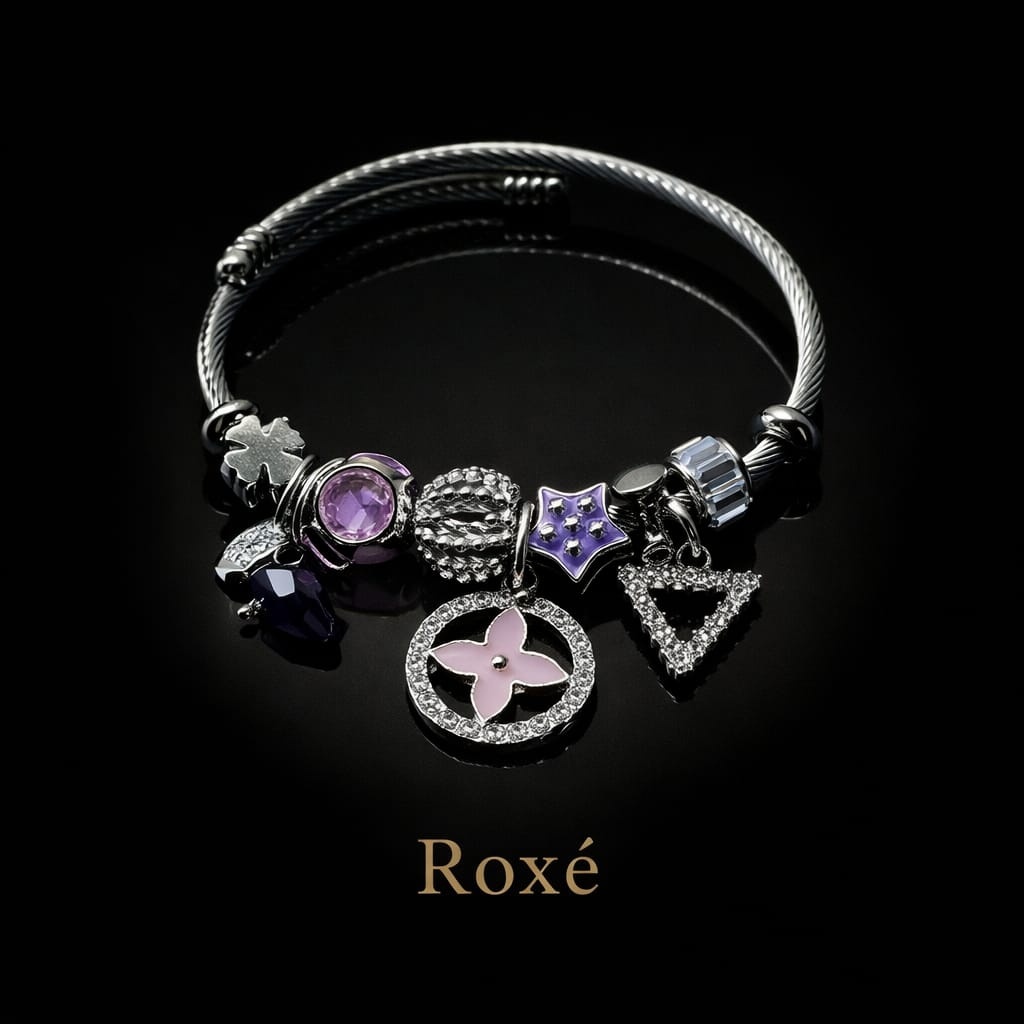 Bratara ROXE argintie cu charmuri elegante si cristale culori mixte 3