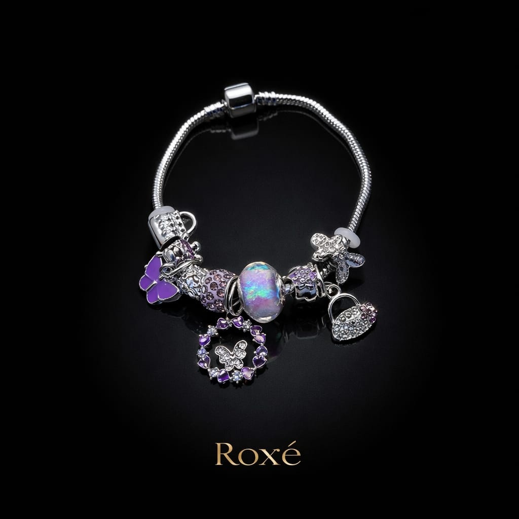 Bratara ROXE argintie cu fluture si posetuta charmuri elegante dama 3