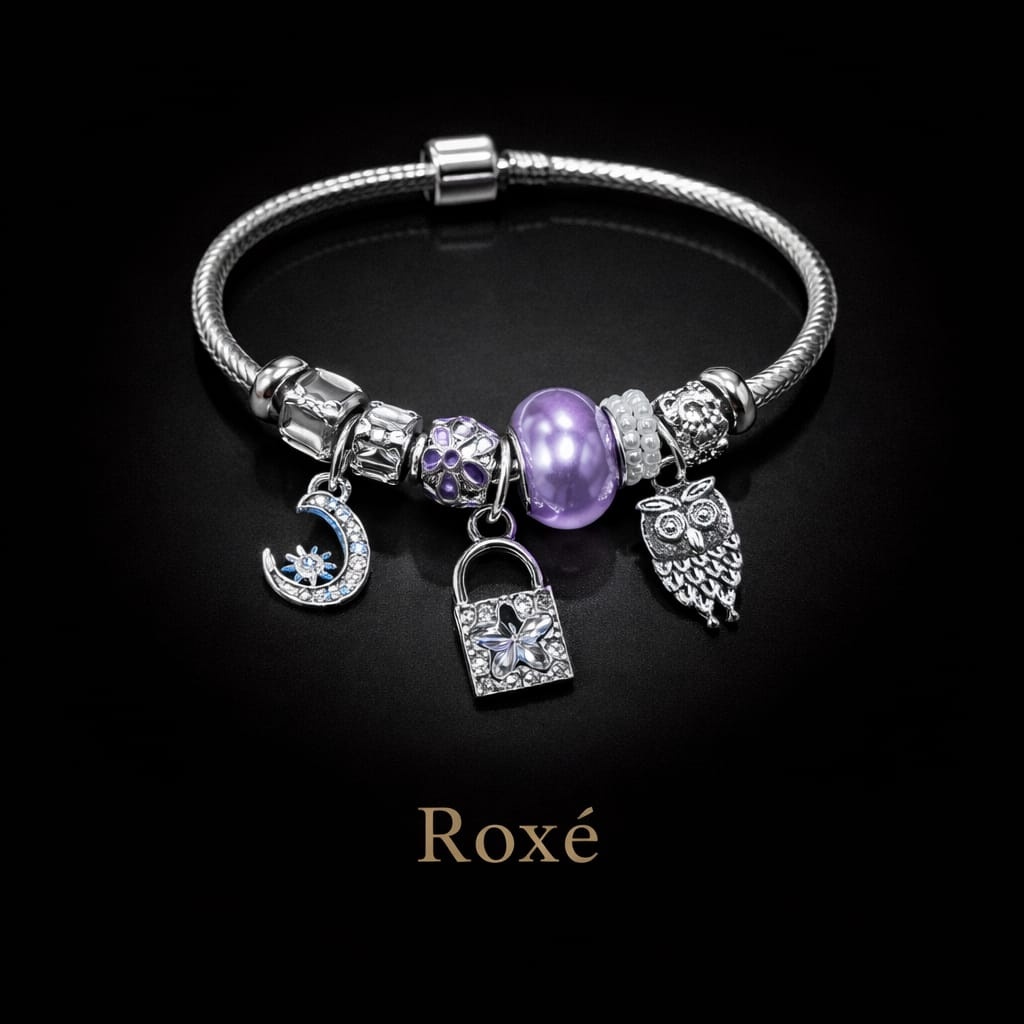 Bratara ROXE argintie cu luna bufnita si lacat charmuri elegante dama 5