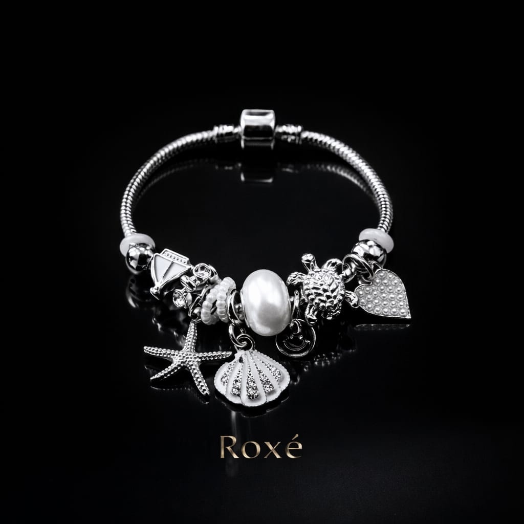 Bratara ROXE argintie cu stea de mare scoica si testoasa charmuri elegante 3