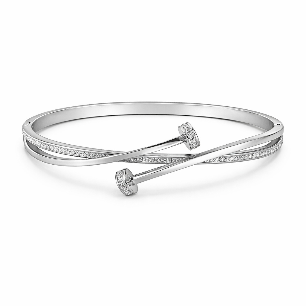 Bratara ROXE argintie eleganta cu design incrucisat si cristale inchizatoare fixa 2