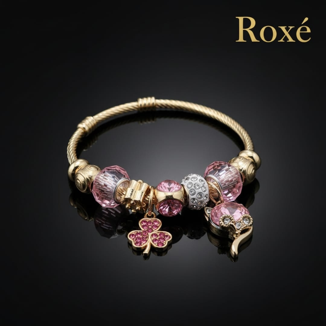 Bratara ROXE aurie cu pisicuta si trifoi charmuri elegante dama cadou stil modern 4