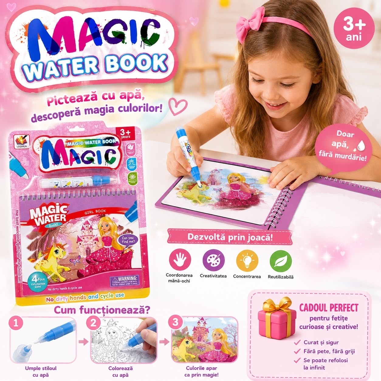 Carte de Colorat cu Apă Magică Reutilizabilă pentru Fetițe 3+ Ani – Prințese și Unicorn 2