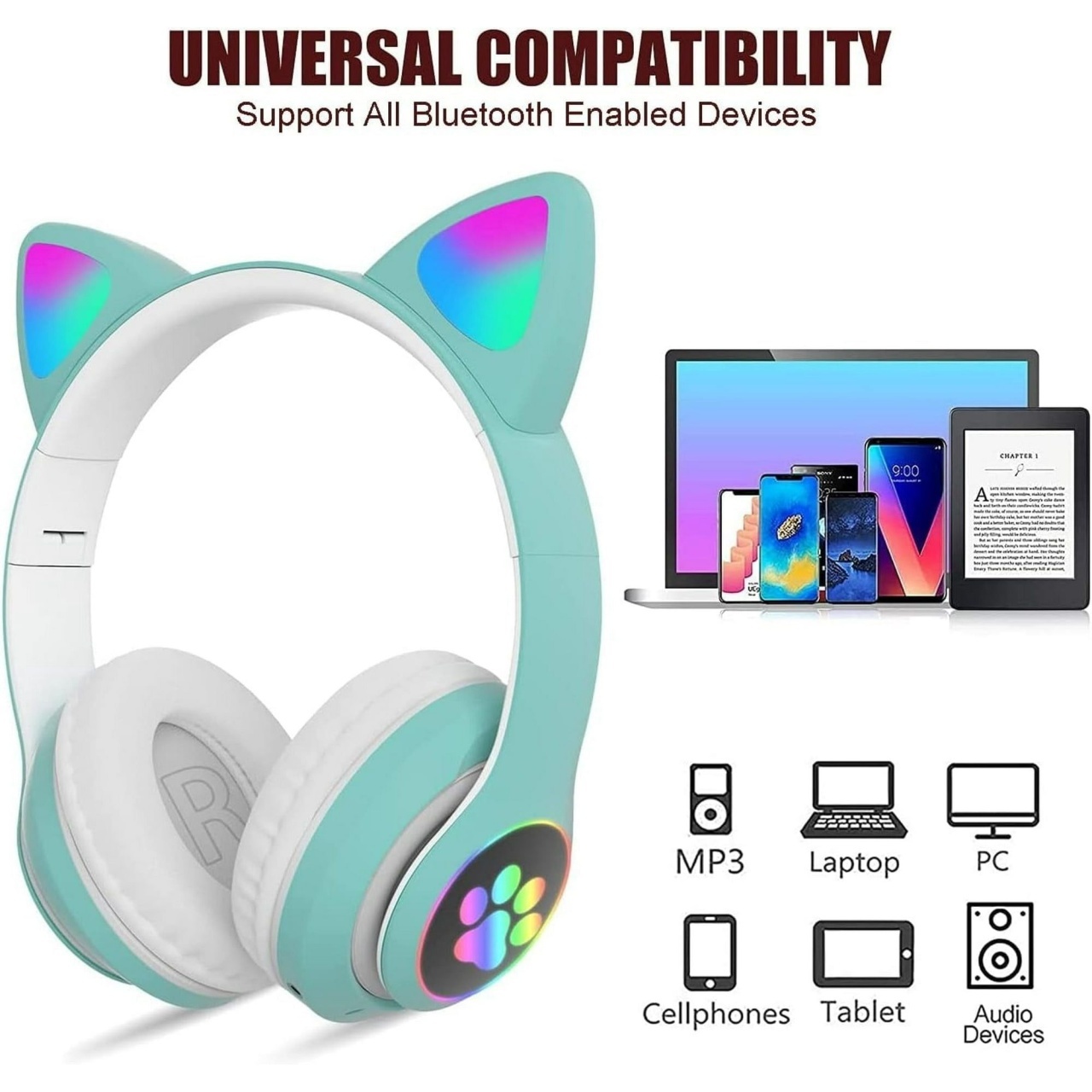 Căști wireless cu urechi de pisică și lumini LED, design ergonomic, turcoaz 2