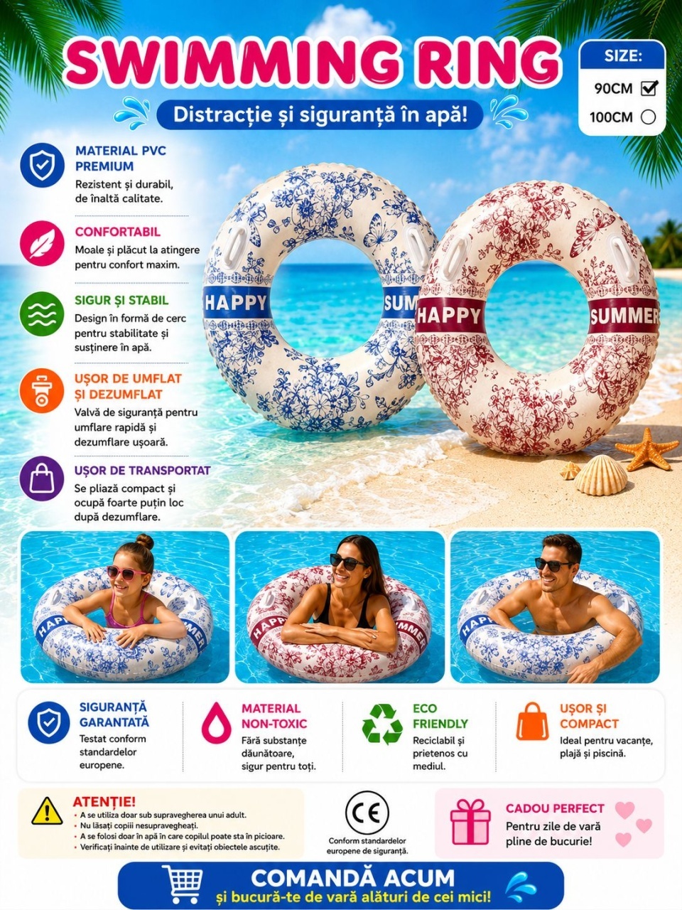 Colac Gonflabil Albastru Happy Summer 90 cm – Colac de Înot pentru Piscină și Plajă 2
