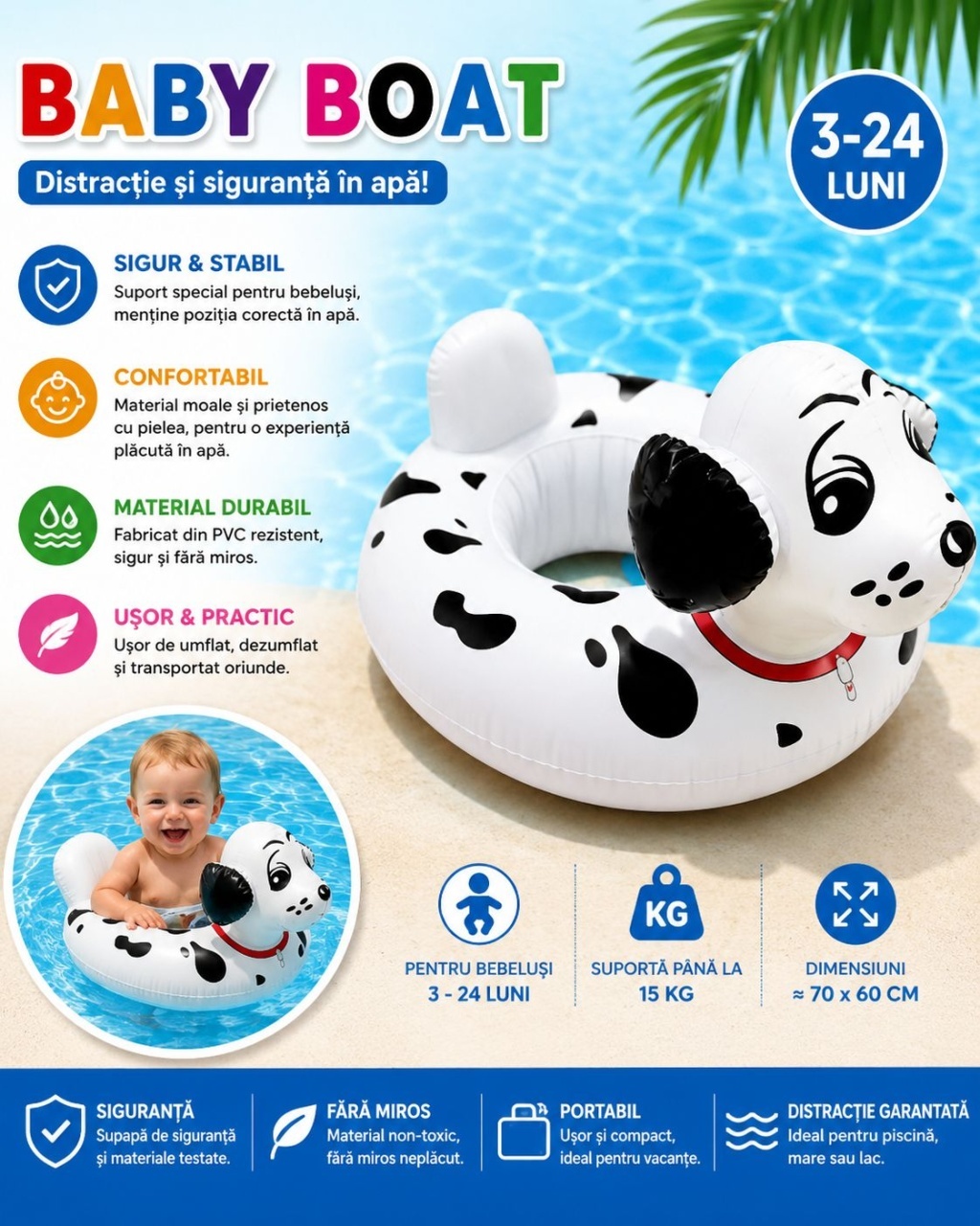Colac Gonflabil Cățel pentru Bebeluși – Baby Boat 70x60 cm, Model Dalmațian, Sigur și Confortabil 2