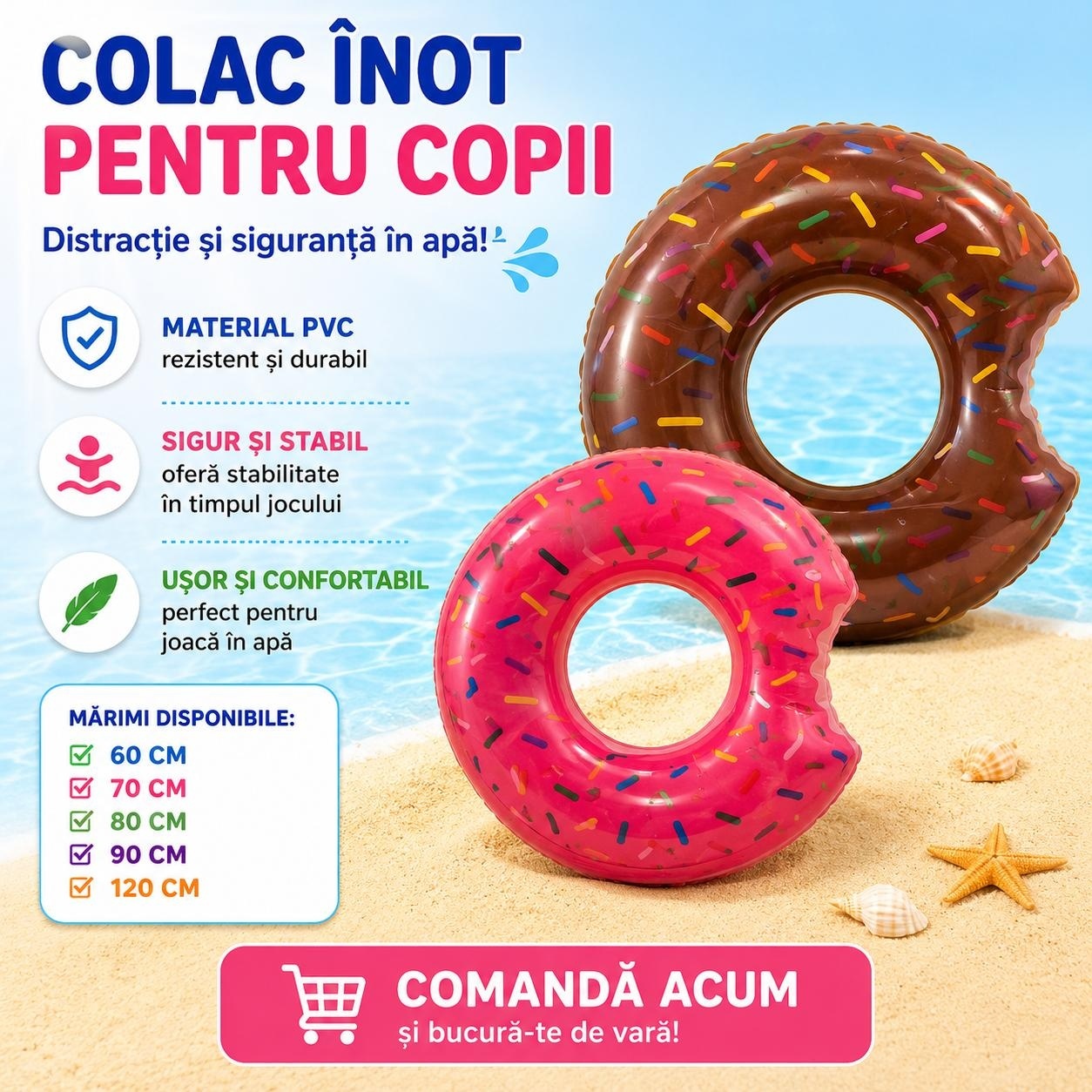 Colac Gonflabil Model Gogoasa Maro 120cm pentru Copii – Colac din PVC pentru Piscina si Plaja 2