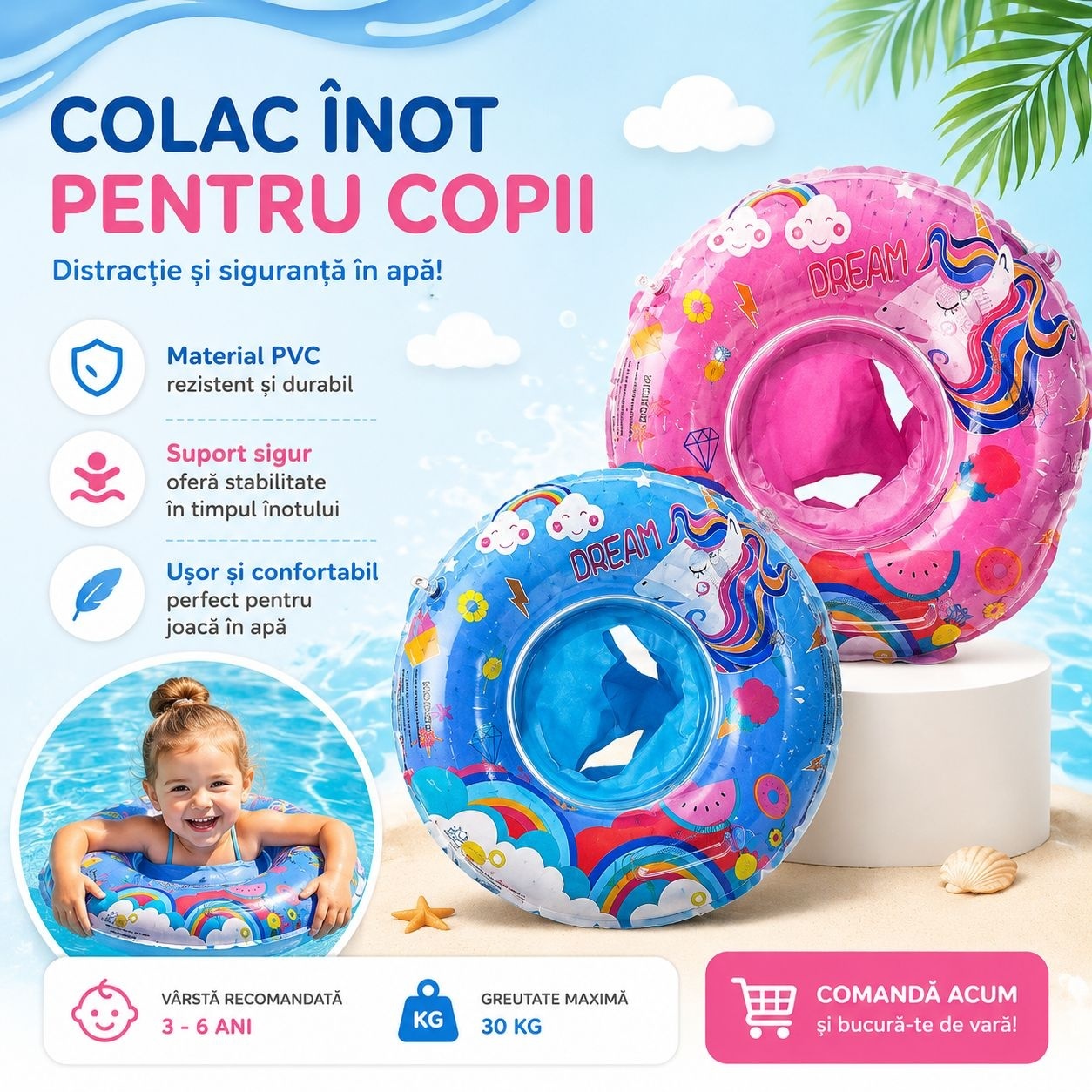 Colac Gonflabil Roz pentru Copii cu Unicorn – Colac Înot PVC Rezistent, 3-6 Ani 2