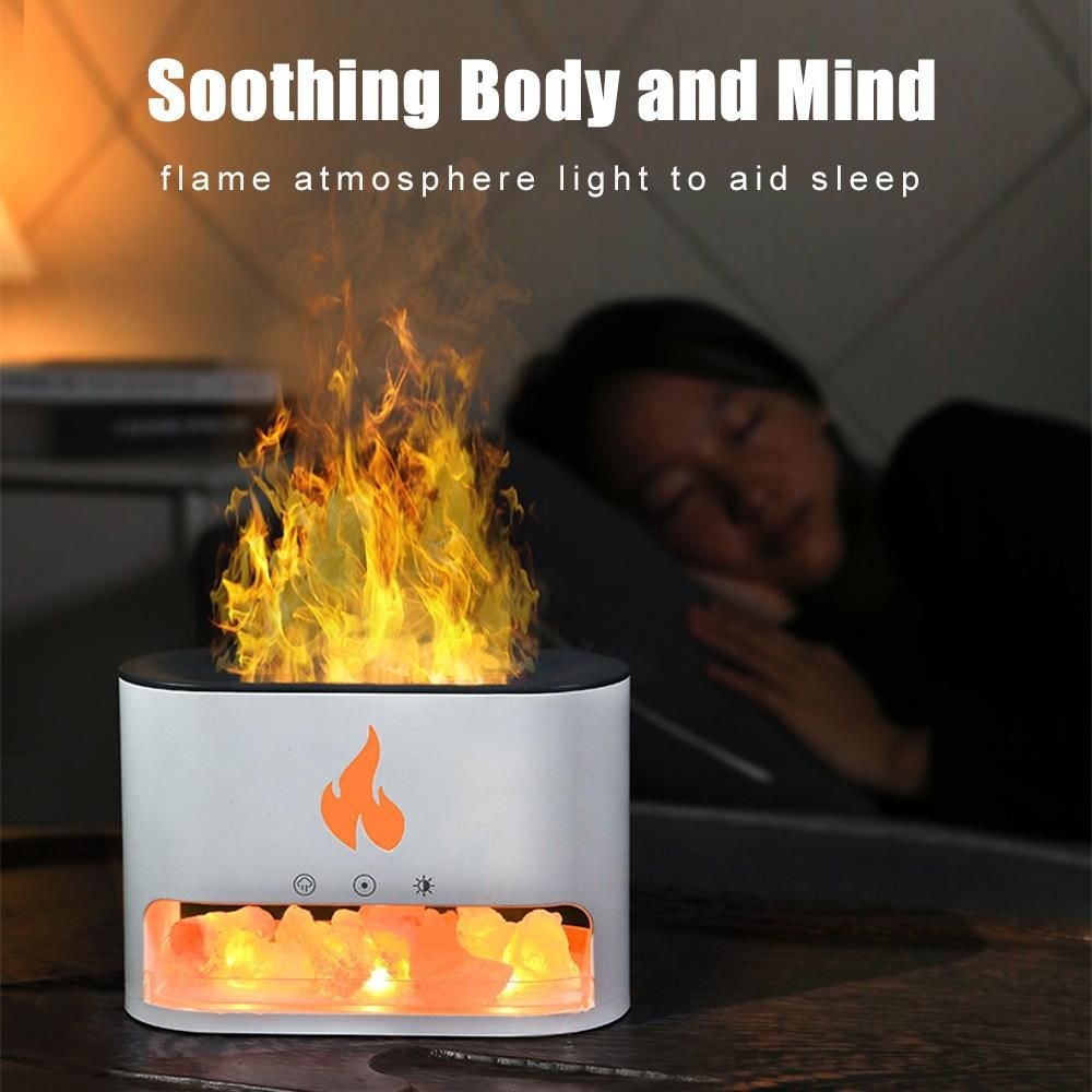 Difuzor aromaterapie flacara LED cu sare Himalaya, umidificator aer silentios USB, alb 2