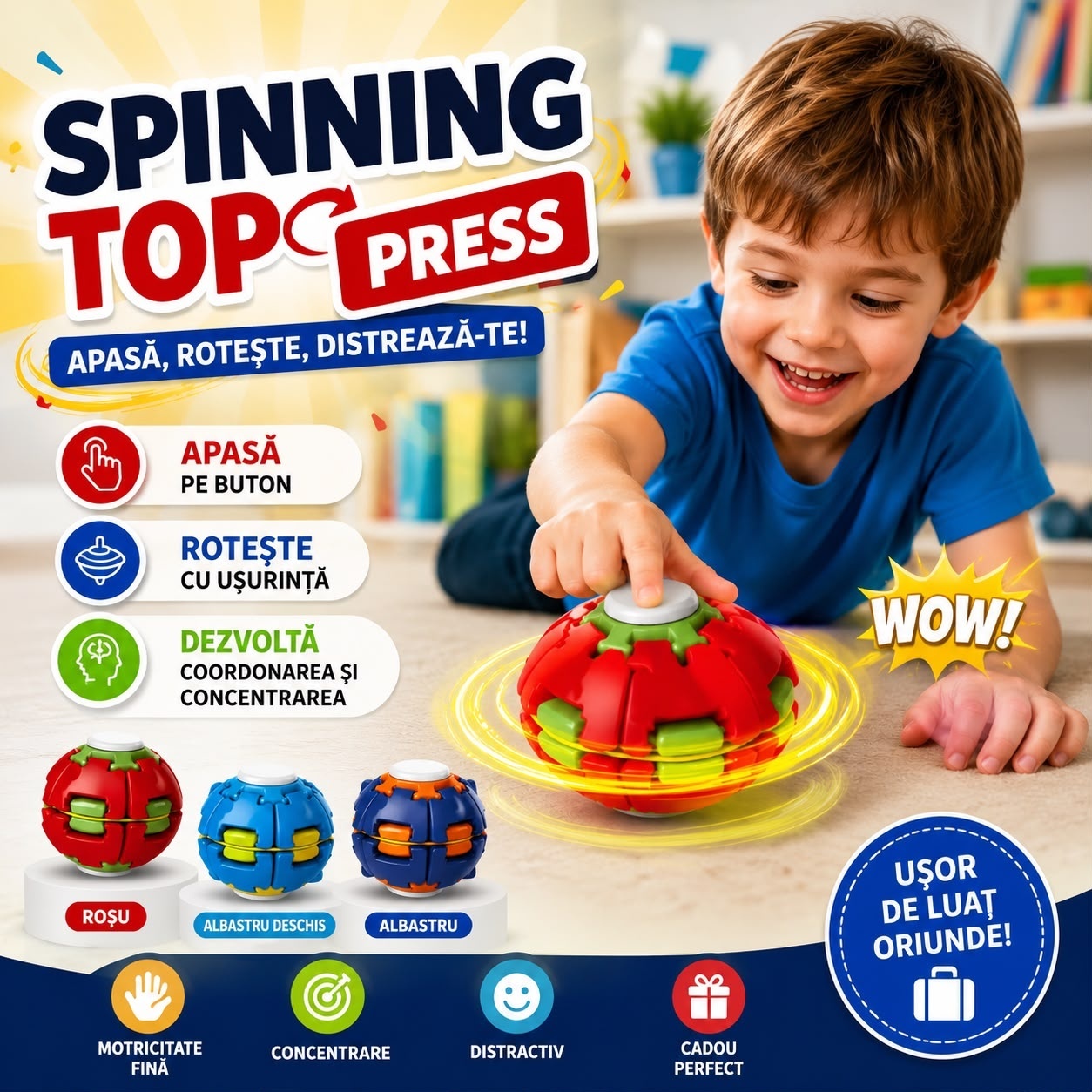 Jucărie Antistres Spinner cu Buton, Rotire Rapidă, Fidget Toy pentru Copii, Culori Diverse, Model Aleatoriu 2