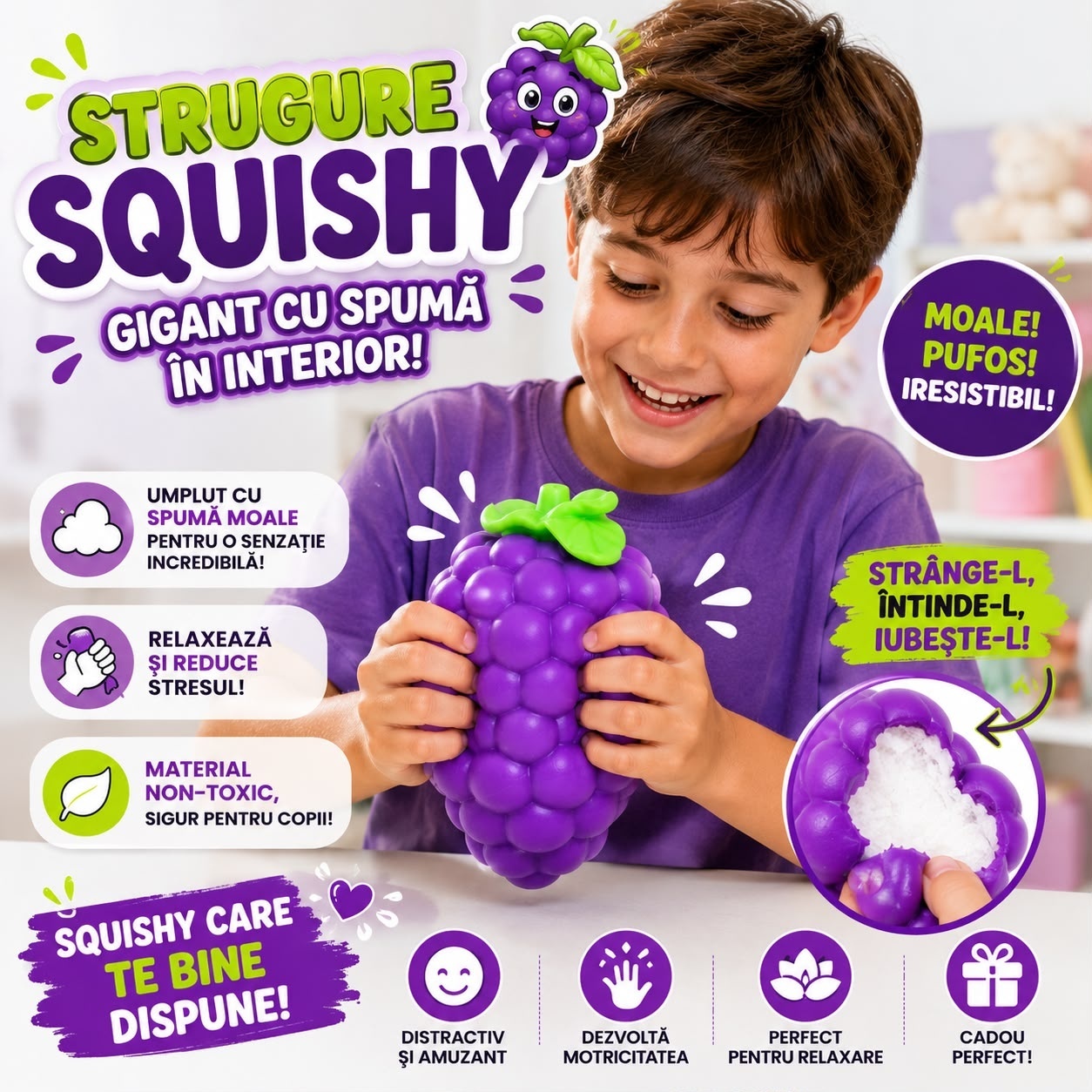 Jucărie Antistres Squishy Strugure Gigant 20 cm – Squishy cu Spumă Moale, Senzorială, Relaxare 2