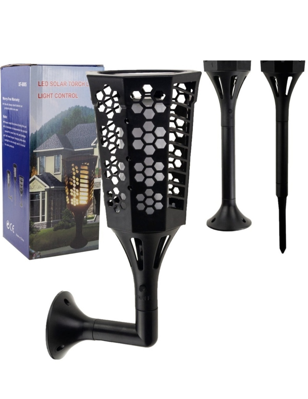 Lampă solară decorativă tip torță LED, set 2 bucăți, plastic, negru