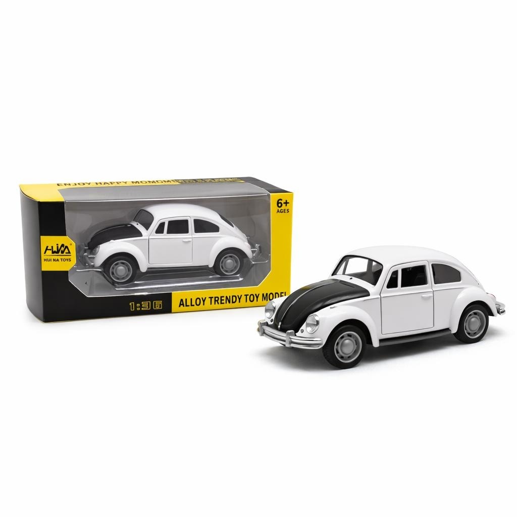 Masinuta metalica alba cu capota neagra pullback 1:36 model clasic