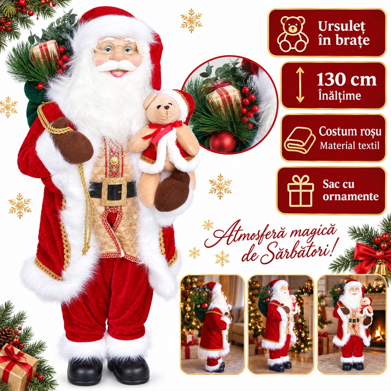 Moș Crăciun decorativ cu ursuleț și sac, costum roșu, plastic și textil, 130 cm
