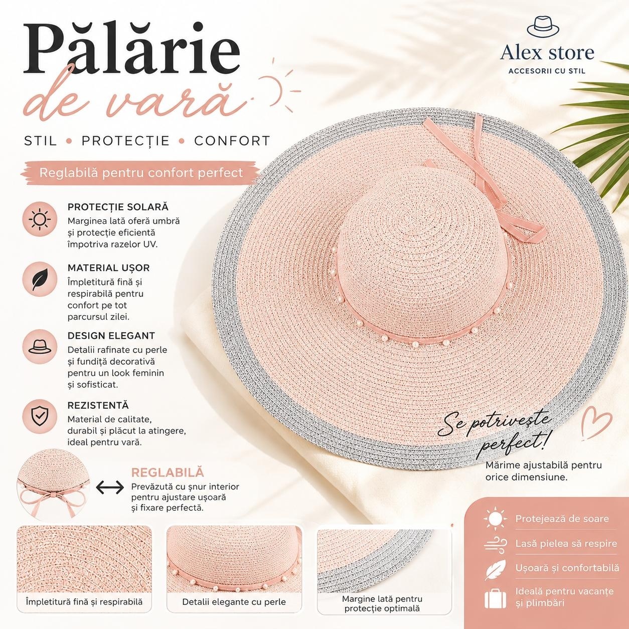 Pălărie Damă de Vară Roz Pudrat cu Bor Lat și Perle Decorative – Reglabilă, Protecție UV 2