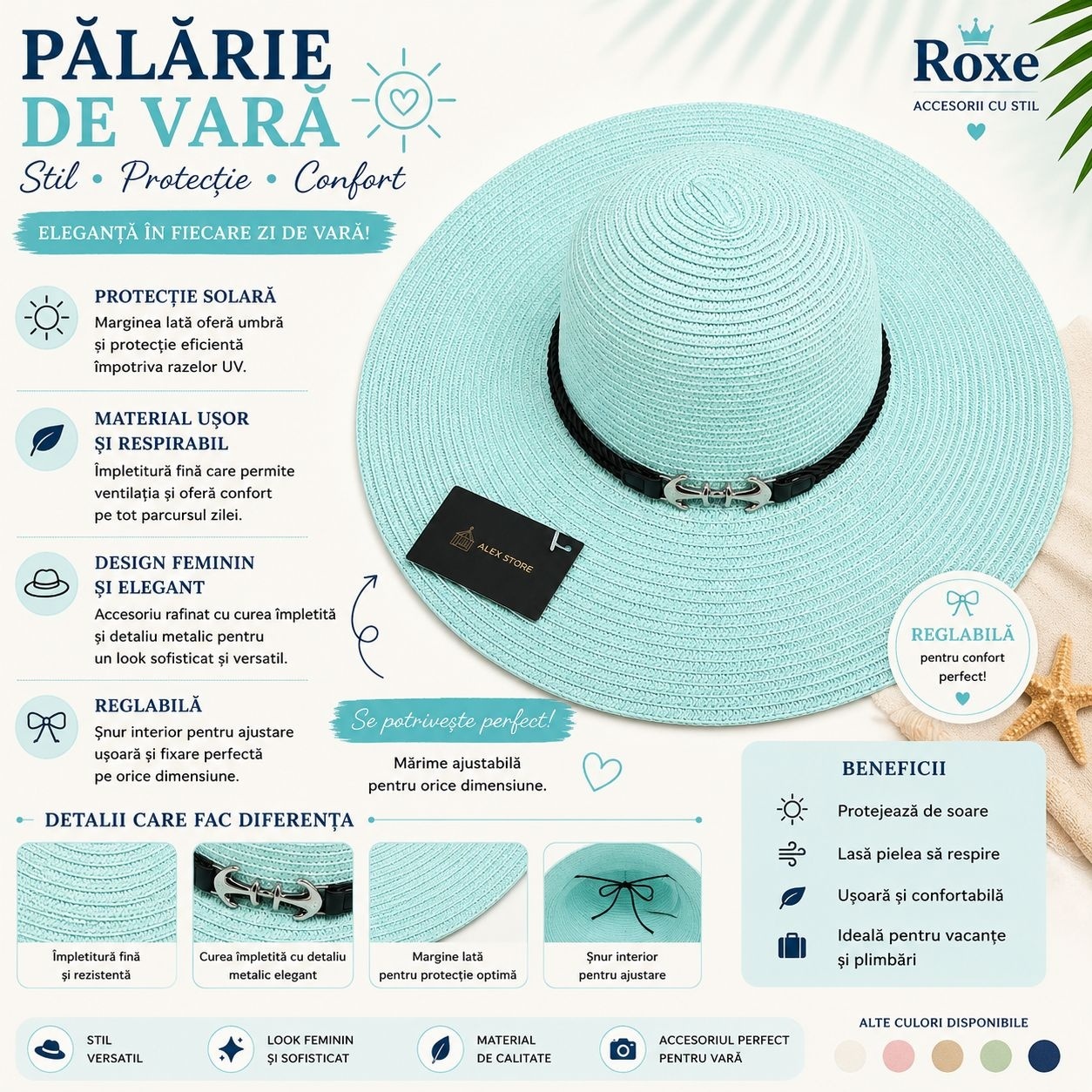 Pălărie Damă de Vară Turcoaz cu Bor Lat și Curea Decorativă – Reglabilă, Elegantă, Protecție UV 2