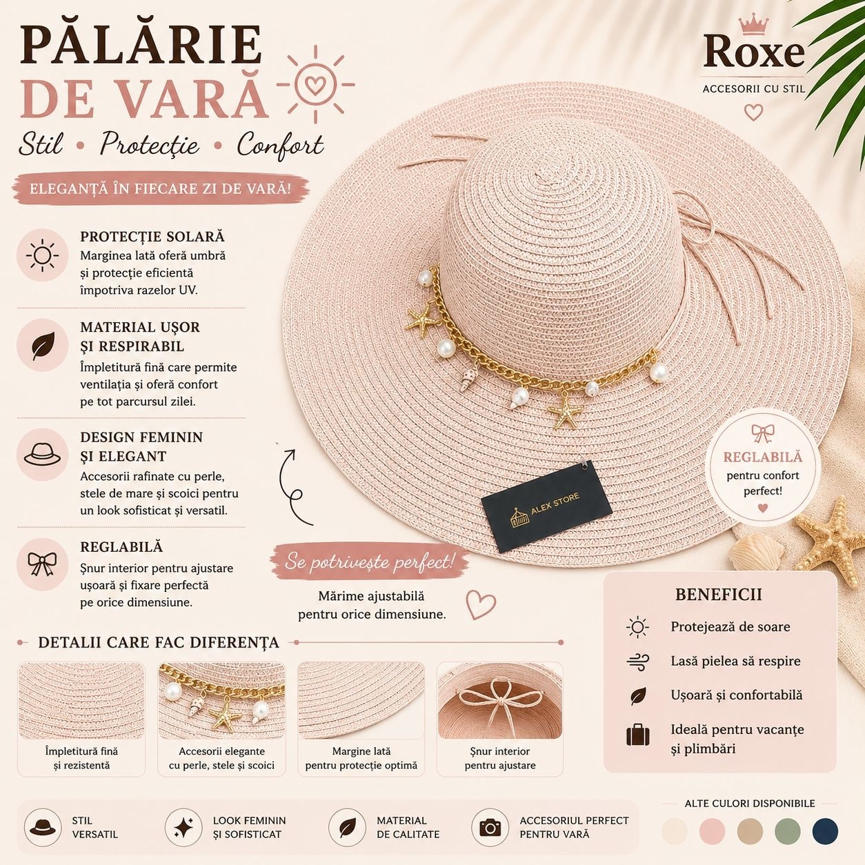 Pălărie Damă Roz Pudrat de Vară cu Bor Lat, Decor cu Perle, Scoici și Stele de Mare 2