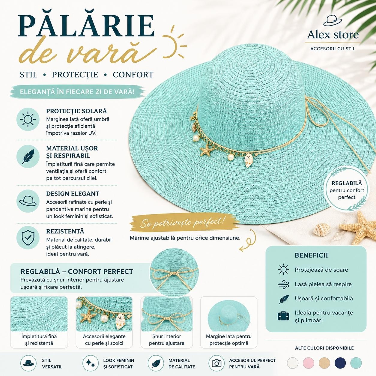 Pălărie Damă Turcoaz de Vară cu Scoici și Perle Decorative – Bor Lat, Reglabilă 2