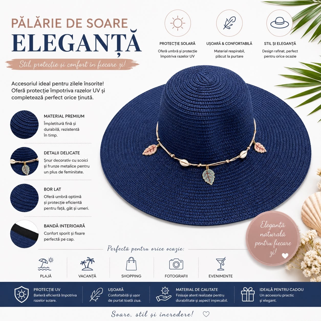 Pălărie de Soare Damă Albastru Bleumarin cu Bor Lat și Șnur Decorativ cu Scoici și Frunze 2