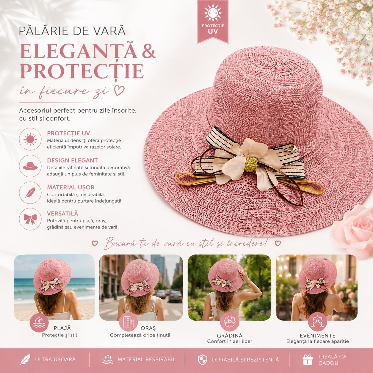 Pălărie de Soare Damă Roz cu Floare Decorativă și Bor Lat – Elegantă 2