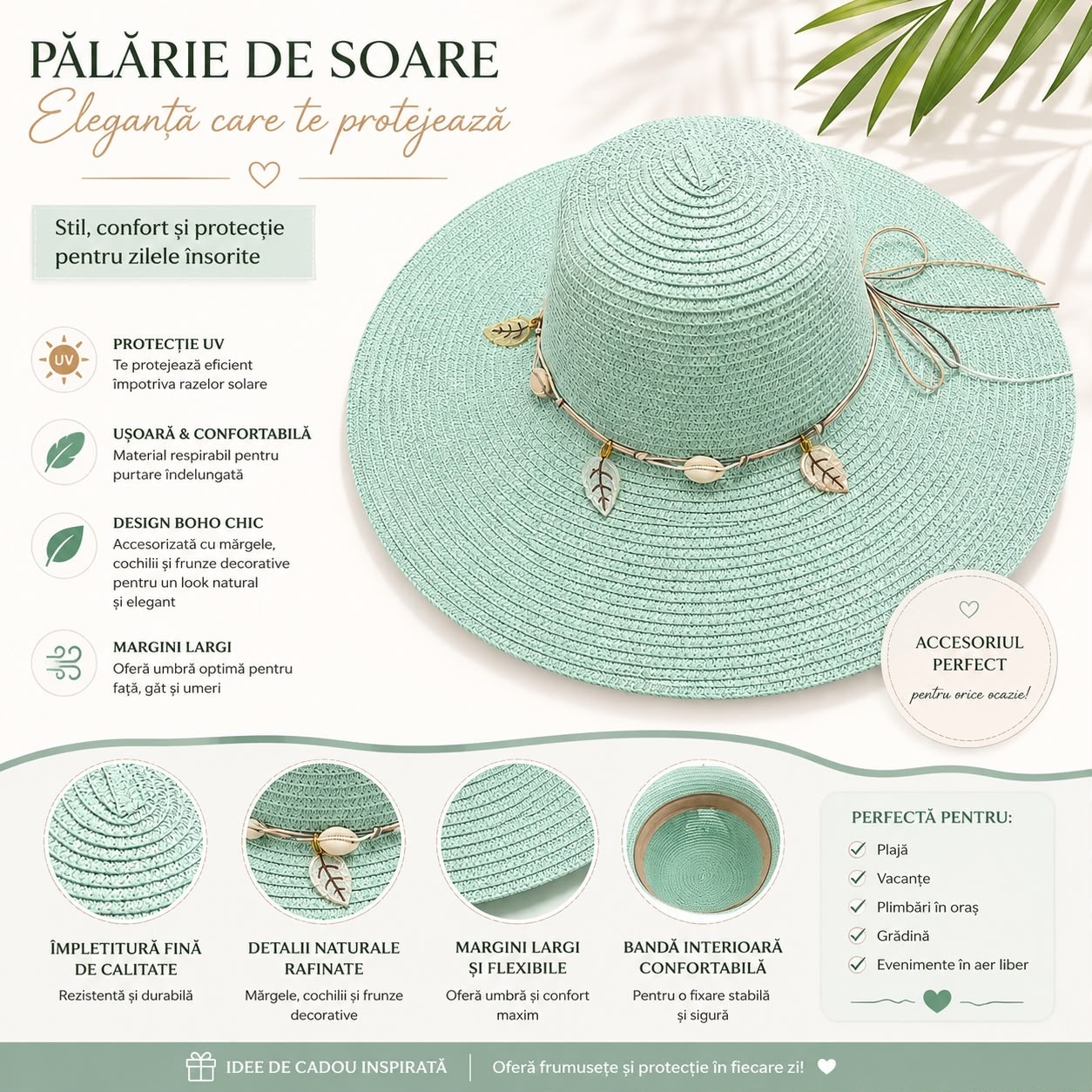 Pălărie de Soare Damă Verde Mentă cu Bor Lat și Accesorii Boho 2
