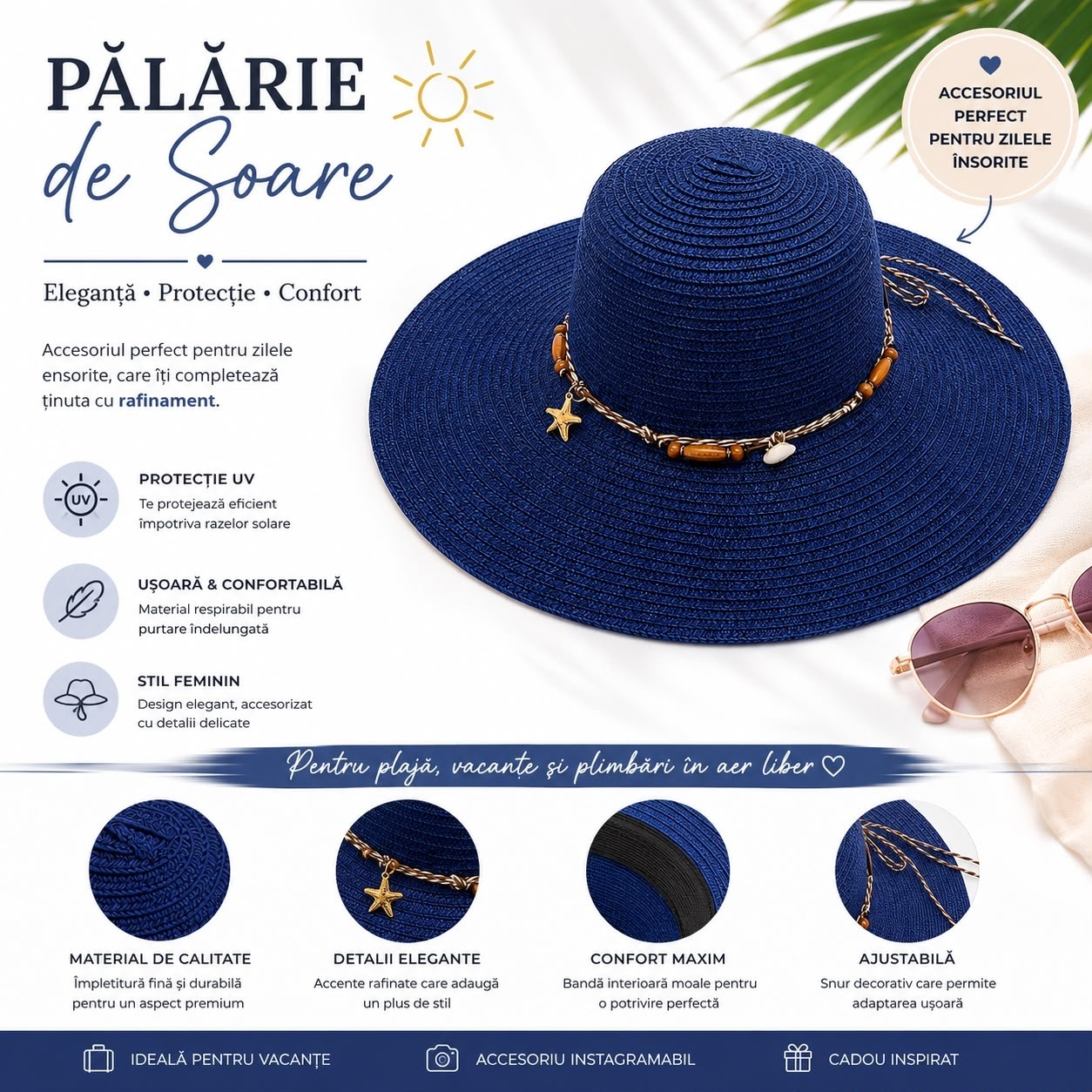 Palarie de Soare pentru Dama Albastru Inchis cu Boruri Largi si Accente Decorative 2