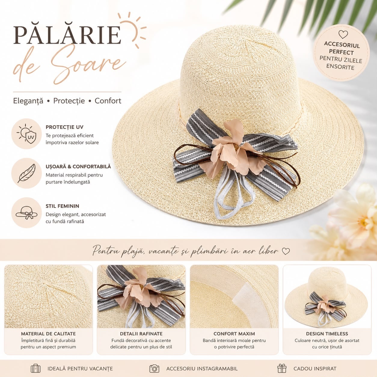 Palarie de Soare pentru Dama Crem cu Boruri Largi si Fundita Decorativa 2