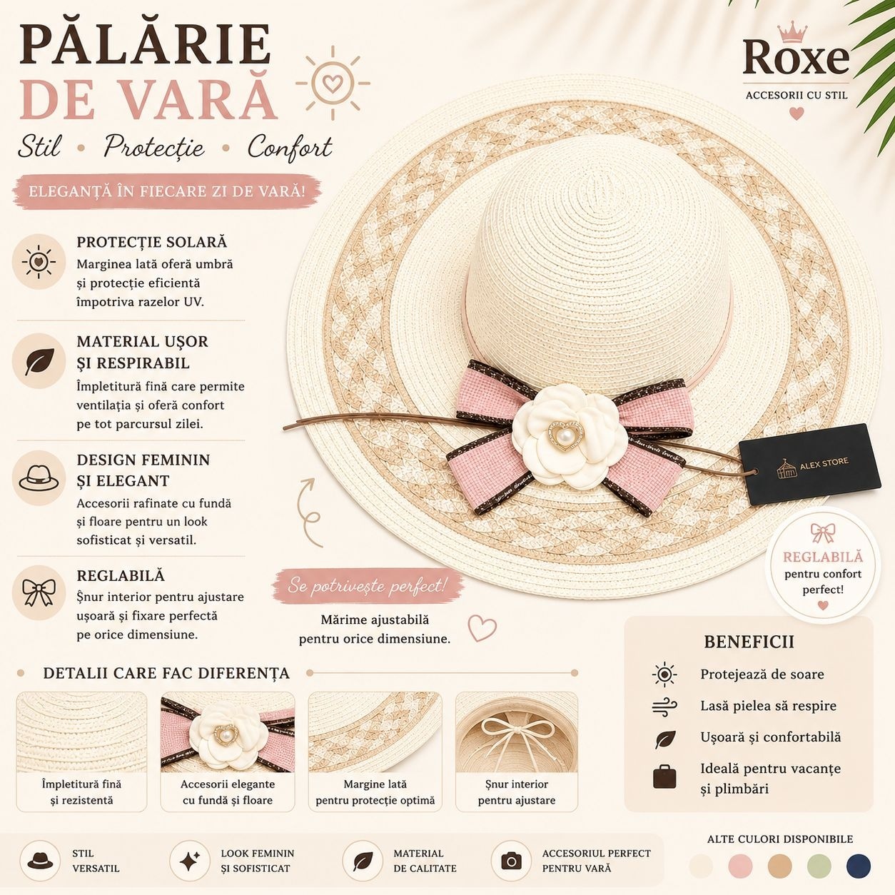 Pălărie de Vară Damă Bej cu Bor Lat și Floare Decorativă – Pălărie Elegantă 2