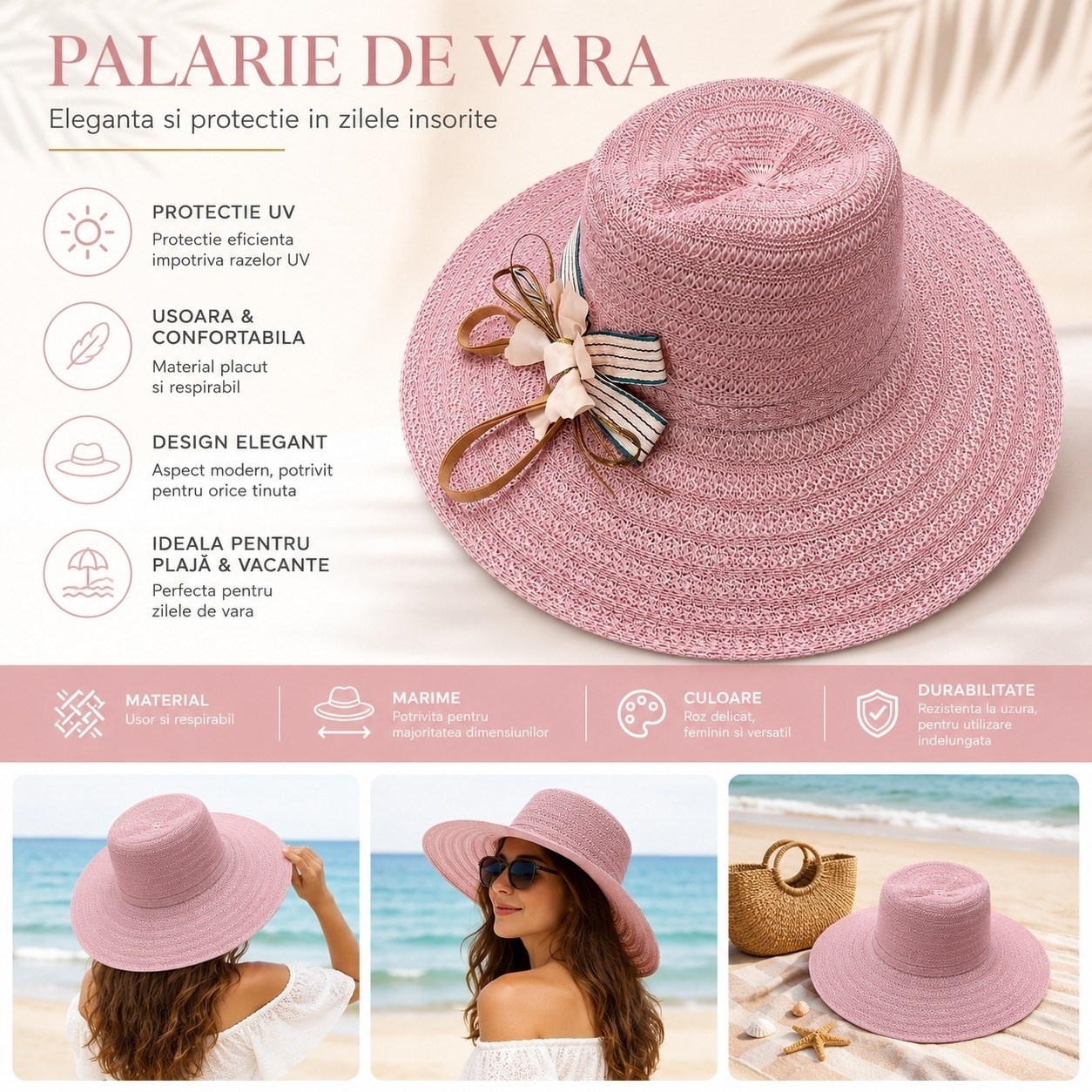 Palarie de Vara Eleganta pentru Femei, Roz Pastel cu Bor Lat si Detalii Decorative 2