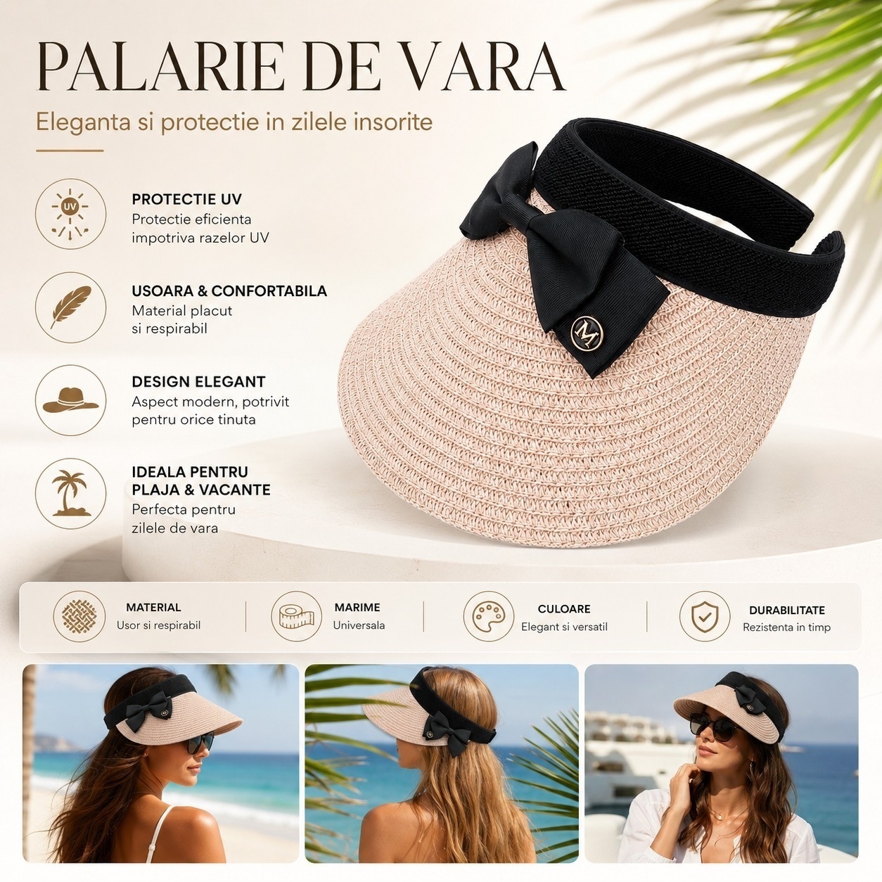 Palarie de Vara Tip Cozoroc pentru Femei, Roz Pudrat cu Fundita Neagra Eleganta 2