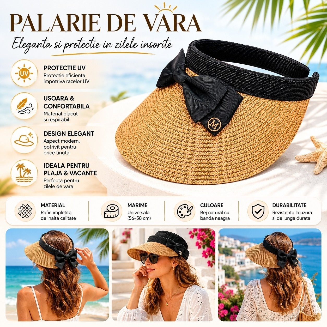 Palarie de Vara Tip Viziera pentru Femei, cu Fundita Eleganta si Protectie UV 2