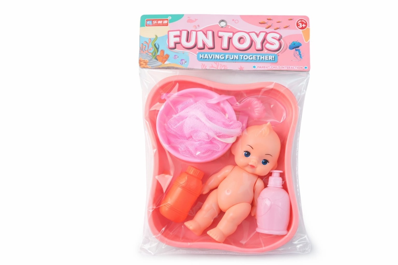 Papusa bebe cu cadita si accesorii baie roz, set jucarie copii