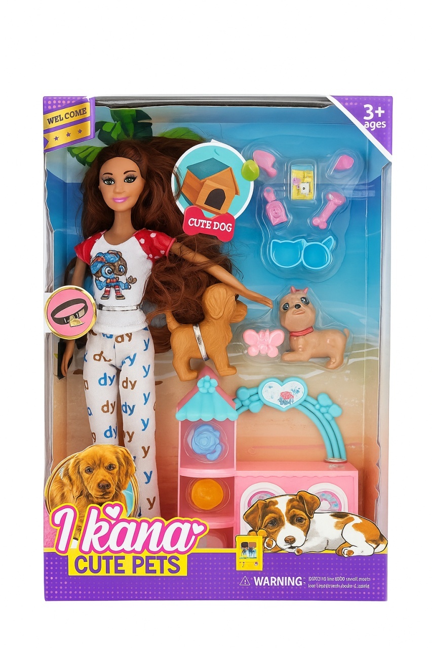 Papusa I Kana Cute Pets cu 2 catelusi si accesorii, set de joaca pentru fete, 3 ani+, 32x22 cm