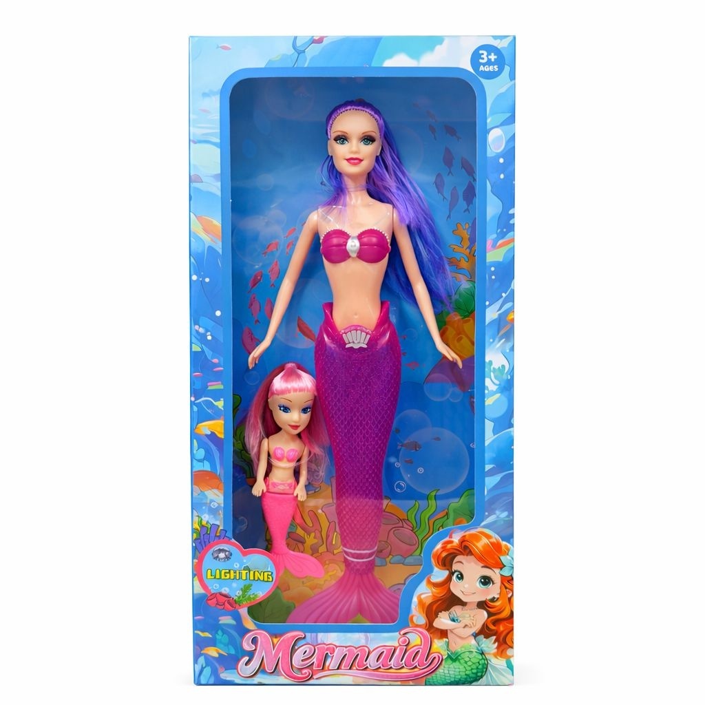 Papusa Sirena cu Pui Sirena, Set Papusi Copii cu Par Mov si Coada Roz, 38 cm 2