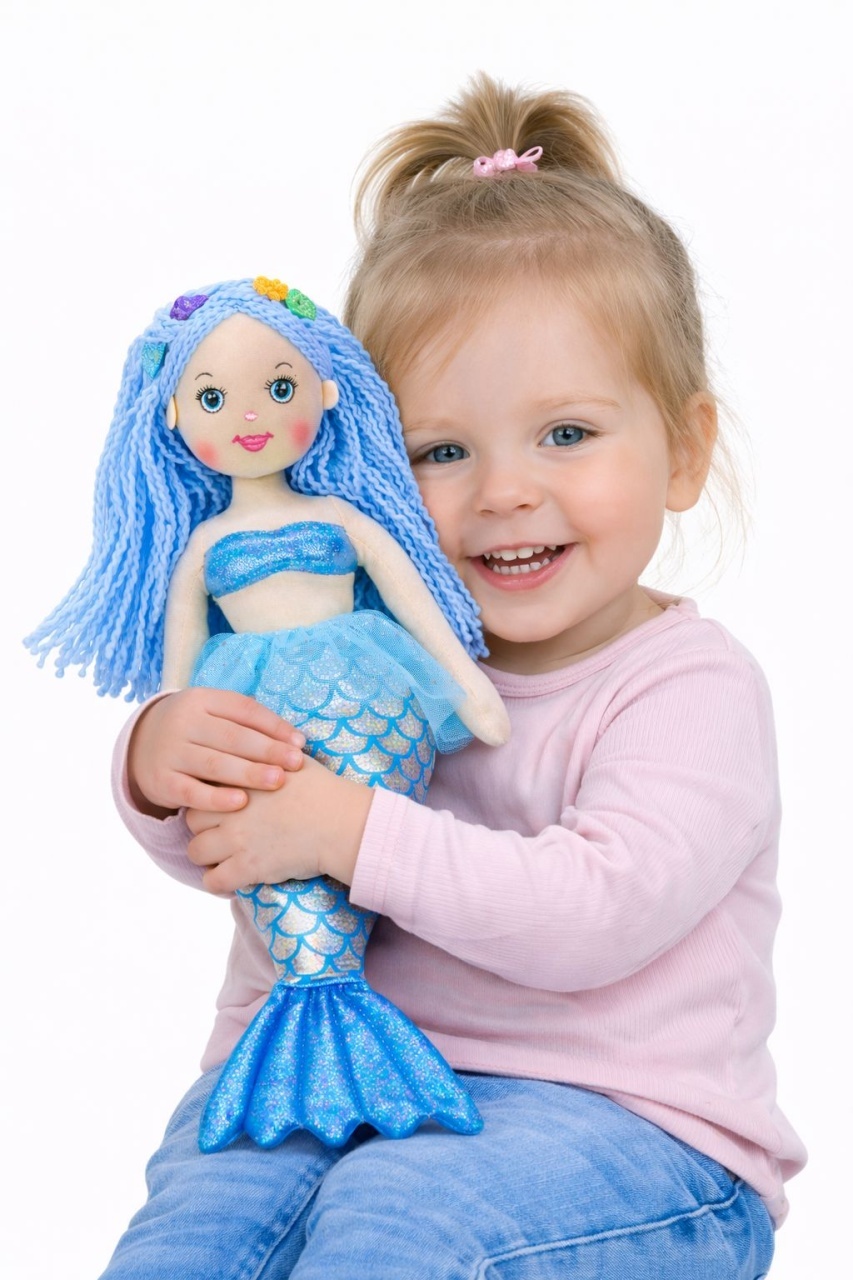 Papusa sirena textila muzicala 42 cm, canta „Bau Bau”, albastru, jucarie copii +3 ani 3