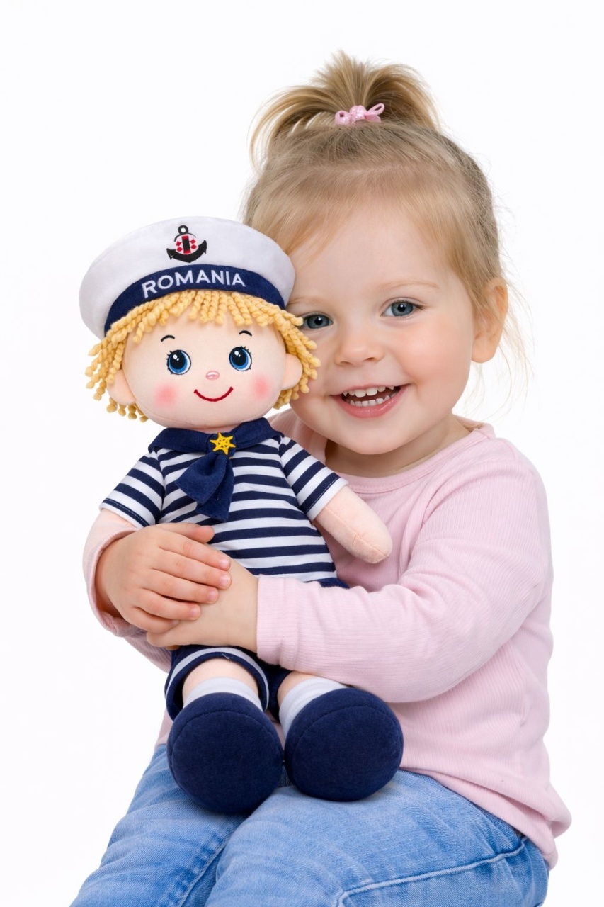 Papusa textila baiat marinar 45 cm, costum marin albastru, jucarie copii +3 ani 3