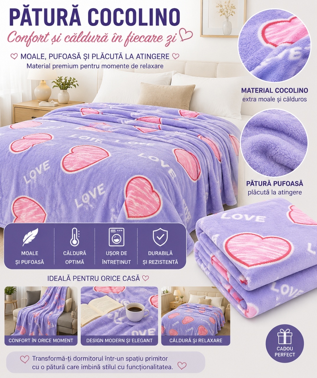 Patura Cocolino Pufoasa cu Inimi Love, 200x220 cm, Mov Deschis 2