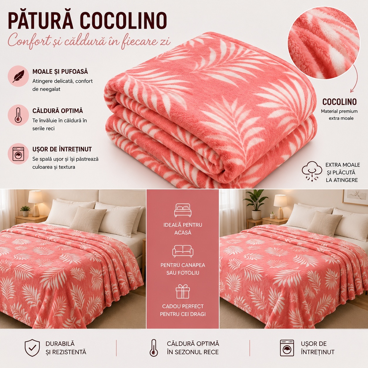 Patura Cocolino Pufoasa cu Model Frunze Tropicale, 200x220 cm, Roz Coral 2