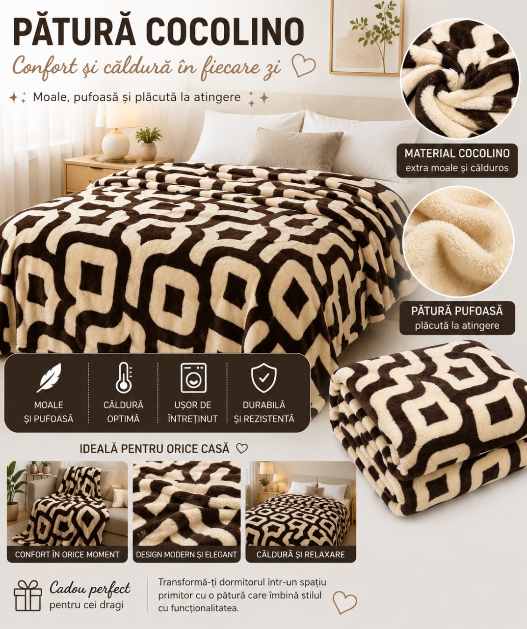 Patura Cocolino Pufoasa cu Model Geometric Modern, 200x220 cm, Crem si Maro 2