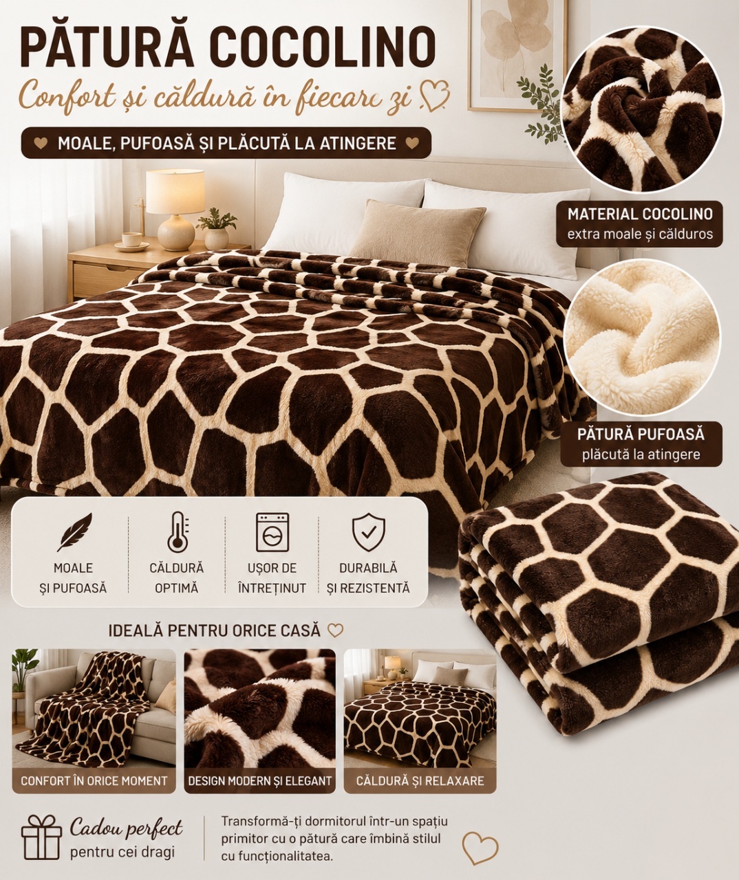 Patura Cocolino Pufoasa Model Girafa, Crem/Maro, 200x220 cm 2
