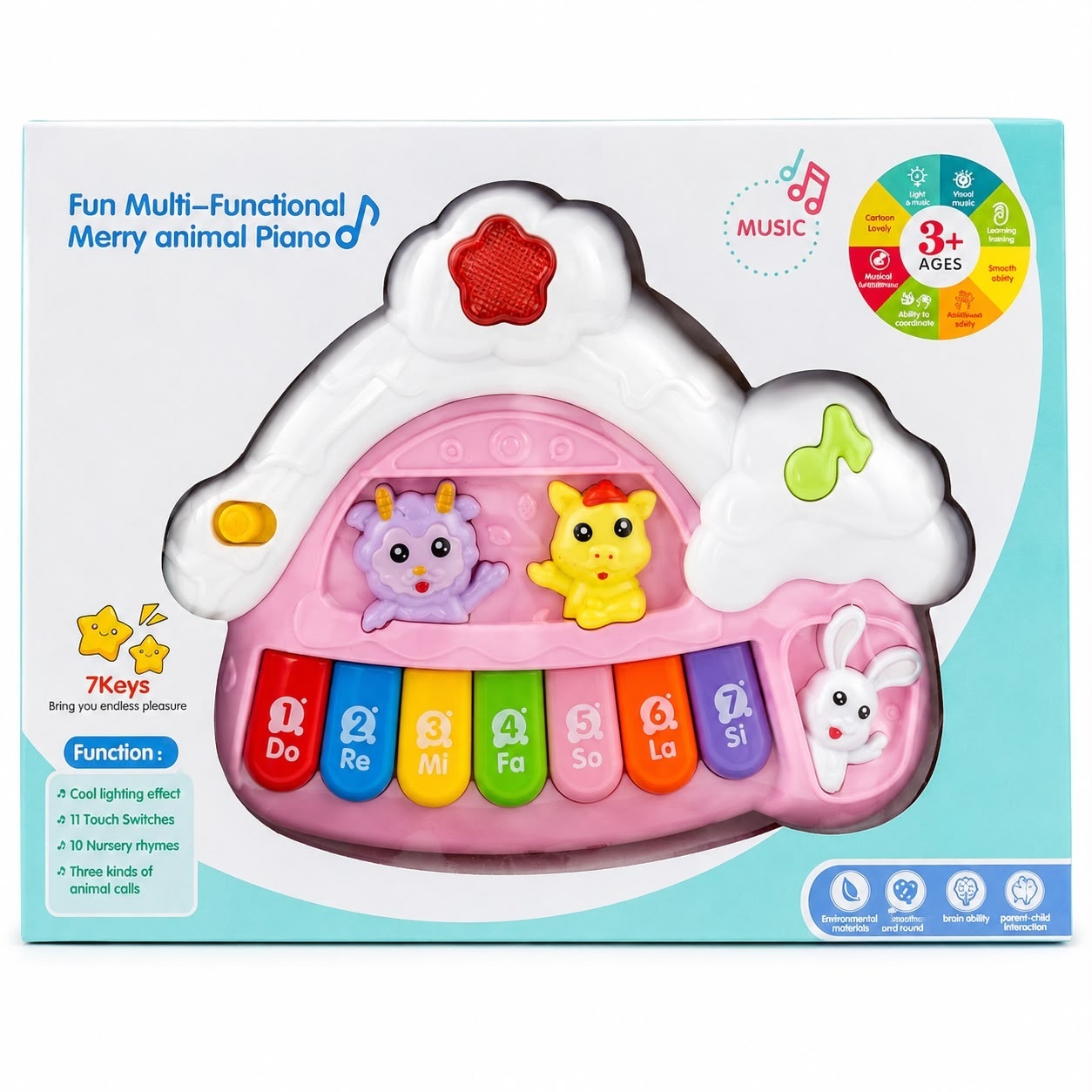 Pian Interactiv pentru Bebeluși cu Animăluțe, Lumini și Sunete, 7 Taste Muzicale, 3+ Ani