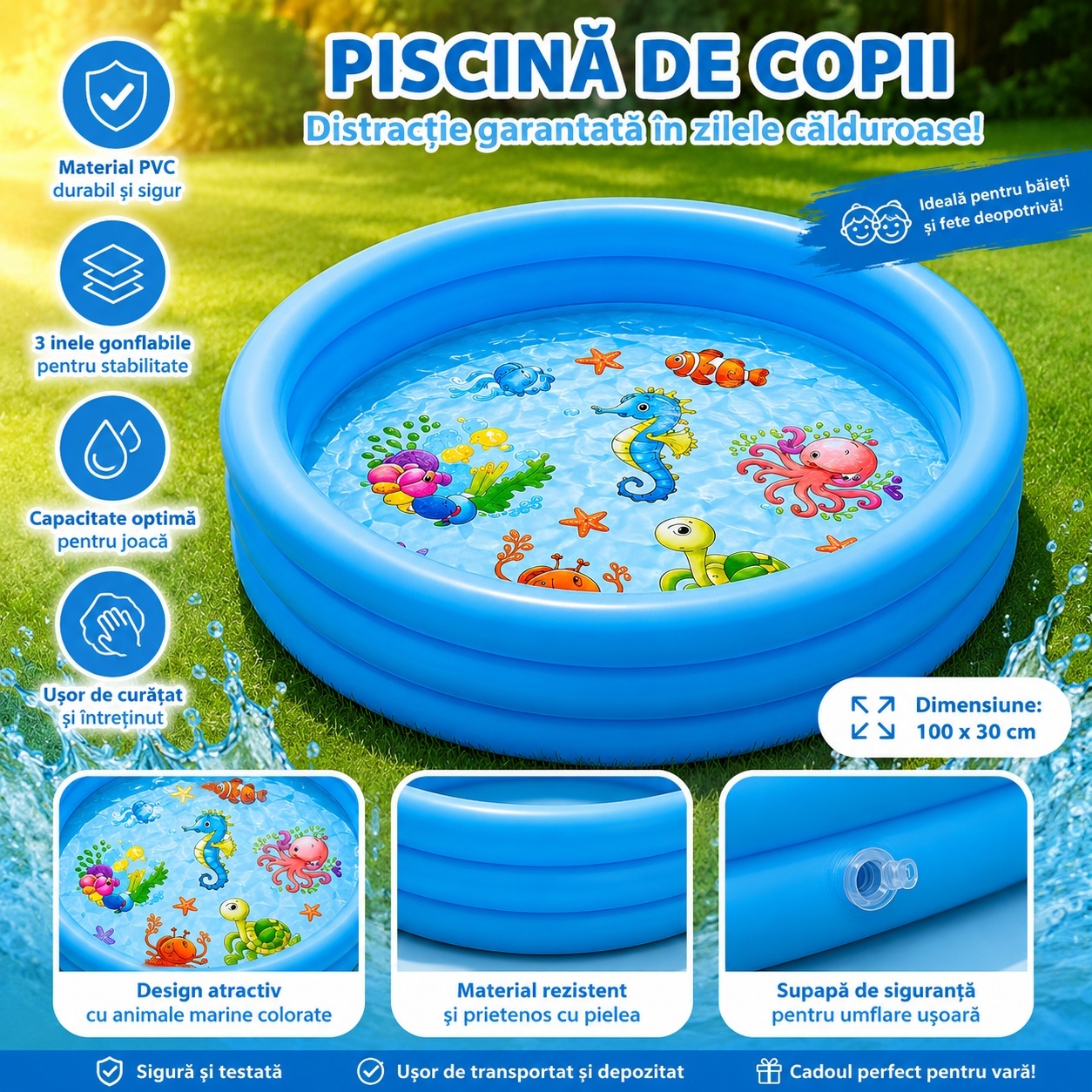 Piscina Gonflabila pentru Copii, Albastra, cu Model Animale Marine, PVC Rezistent 2