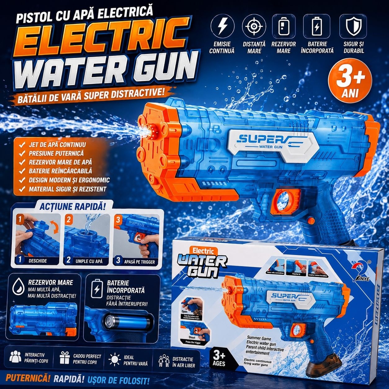 Pistol cu Apă Electric Albastru cu Jet Continuu, Baterie Reîncărcabilă și Rezervor Mare 2