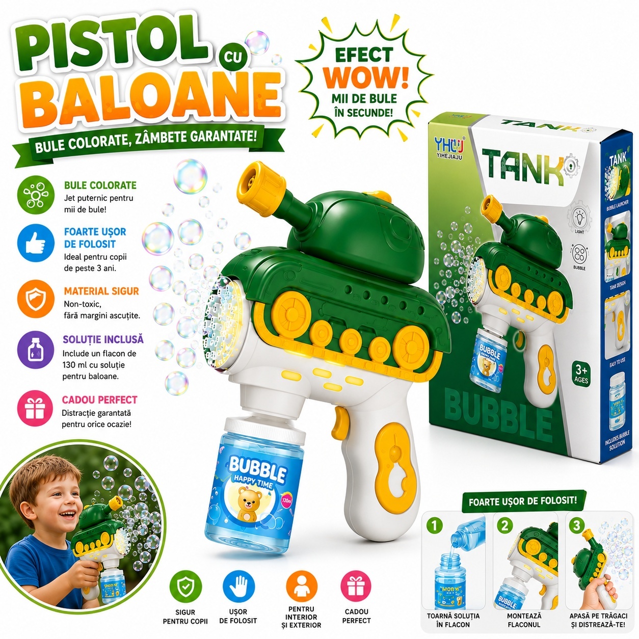 Pistol de Facut Baloane de Sapun, Model Tanc, cu Lumini, Jucarie pentru Copii